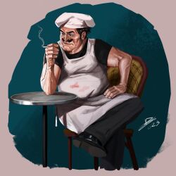 Rule 34 | 1boy, apron, belly, chef, chef hat, double chin, full body, hat, highres, looking ahead, male focus, mustache, nurve26, old, old man, pectorals, peppino spaghetti, pizza tower, realistic, sitting, smoking, solo, thick mustache, tsurime, veins, veiny arms, white apron, wrinkled skin