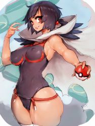 Rule 34 | 1girl, adapted costume, black hair, black one-piece swimsuit, blunt bangs, brown one-piece swimsuit, cameltoe, cleft of venus, cloak, covered erect nipples, creatures (company), curvy, dark-skinned female, dark skin, fumio (rsqkr), game freak, gen 3 pokemon, hair ornament, highres, holding, holding poke ball, legendary pokemon, looking at viewer, nintendo, one-piece swimsuit, poke ball, pokemon, pokemon (creature), pokemon oras, rayquaza, red eyes, shiny skin, short hair, short ponytail, skindentation, swimsuit, thighhighs, torn clothes, zinnia (pokemon)