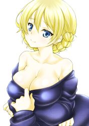 Rule 34 | 10s, 1girl, blonde hair, blue eyes, blue sweater, braid, breast hold, breasts, casual, cleavage, closed mouth, collar tug, collarbone, commentary, darjeeling (girls und panzer), artistic error, girls und panzer, large breasts, long sleeves, looking at viewer, off shoulder, out of frame, portrait, shiromitsu suzaku, short hair, simple background, smile, sweater, twin braids, white background