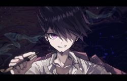 Rule 34 | 1boy, artist name, back hair, collarbone, collared shirt, danganronpa (series), danganronpa v3: killing harmony, grey shirt, grin, hair over one eye, hand up, holding, holding smoking pipe, letterboxed, mikao (eanv5385), momota kaito, multicolored background, portrait, shirt, smile, smoking pipe, solo, spiked hair, teeth
