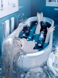 Rule 34 | 1girl, bath, bathing, bathroom, bathtub, blue eyes, highres, looking at viewer, lying, nekoyama iori, partially submerged, solo
