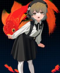 Rule 34 | 1girl, black background, black bow, black bowtie, black skirt, bow, bowtie, brown eyes, brown hair, collared shirt, commentary, fang, feet out of frame, fish, glitch, goldfish, grid background, half-closed eyes, hatoba tsugu, highres, kinako marumaru, leaning forward, light smile, long sleeves, looking at viewer, mole, mole under eye, open mouth, pantyhose, shirt, shirt tucked in, short hair, single hair ring, skirt, solo, suspender skirt, suspenders, tareme, tsugu (vtuber), virtual youtuber, white pantyhose, white shirt