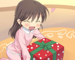 Rule 34 | 1girl, :d, blush, brown hair, child, christmas, closed eyes, eeeeee, gift, heart, open mouth, original, smile, solo