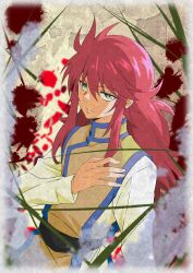 Rule 34 | 1boy, arm at side, belt, black belt, blood, blood stain, blue trim, blurry, blurry foreground, border, chinese clothes, commentary request, green eyes, hand on own chest, hand up, highres, jitome, kurama (yu yu hakusho), long hair, long sleeves, male focus, messy hair, ozeki miyabi, parted lips, red hair, sanpaku, sidelocks, solo, swept bangs, teeth, turtleneck, upper body, vest, vignetting, white border, yellow background, yellow vest, yuu yuu hakusho