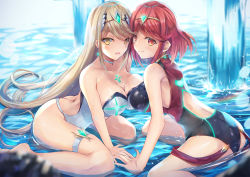 Rule 34 | 2girls, ass, asymmetrical docking, bare legs, bare shoulders, black one-piece swimsuit, blonde hair, blush, breast press, breasts, butt crack, cleavage, competition swimsuit, covered navel, earrings, headpiece, inoue takuya (tactactak), interlocked fingers, jewelry, large breasts, leaning forward, long hair, looking at viewer, multiple girls, mythra (radiant beach) (xenoblade), mythra (xenoblade), nintendo, one-piece swimsuit, open mouth, pyra (pro swimmer) (xenoblade), pyra (xenoblade), red eyes, red hair, selfcest, short hair, sidelocks, simple background, smile, swept bangs, swimsuit, thigh strap, thighs, tiara, water, xenoblade chronicles (series), xenoblade chronicles 2, yellow eyes
