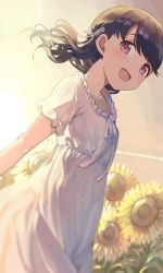 Rule 34 | 1girl, backlighting, black hair, commentary request, dress, dutch angle, fangs, flower, frilled dress, frills, fukumaru koito, highres, hiroki (yyqw7151), idolmaster, idolmaster shiny colors, long hair, looking at viewer, open mouth, purple eyes, short sleeves, skin fangs, solo, sun, sunflower, sunlight, swept bangs, twilight, twintails, white dress, wind