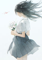 Rule 34 | 1girl, black hair, black skirt, bouquet, closed mouth, commentary request, cowboy shot, closed eyes, floating hair, flower, from side, highres, holding, holding bouquet, light particles, long hair, original, pleated skirt, potg (piotegu), profile, school uniform, shirt, short sleeves, signature, simple background, skirt, solo, white background, white flower, white shirt