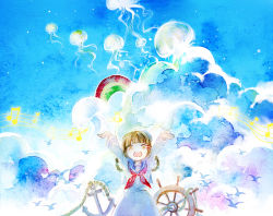 Rule 34 | 1girl, anchor, arms up, beamed quavers, bird, braid, brown hair, cloud, deemo, girl (deemo), invite (deemo), jellyfish, looking at viewer, musical note, quaver, rue (wyha666), sailor, smile, solo, twin braids