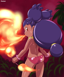 Rule 34 | 10s, 1girl, ass, back, bad id, bad pixiv id, big hair, bikini, bikini bottom only, breath weapon, breathing fire, brown eyes, brown hair, butt crack, creatures (company), dark-skinned female, dark skin, fire, flower, flower necklace, from behind, game freak, highres, iris (pokemon), jewelry, lei, long hair, looking back, necklace, nintendo, pepipopo, pokemon, pokemon bw, solo, swimsuit, topless, two side up