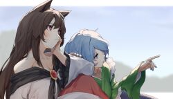 Rule 34 | 2girls, animal ears, bare shoulders, blue hair, blue nails, blurry, blurry background, brooch, brown hair, day, dress, fingernails, green kimono, hand on another&#039;s arm, hand on own cheek, hand on own face, highres, imaizumi kagerou, japanese clothes, jewelry, kimono, lake, long fingernails, long hair, long sleeves, mermaid, misty lake, monster girl, multiple girls, off-shoulder dress, off shoulder, open mouth, outdoors, pocche-ex, pointing, red eyes, red nails, short hair, sky, sweatdrop, touhou, wakasagihime, wolf ears