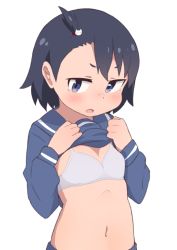Rule 34 | 1girl, black hair, blue eyes, blush, bra, breasts, clothes lift, fang, hodaka natsumi, houkago teibou nisshi, looking at viewer, navel, open mouth, shirt lift, short hair, simple background, small breasts, solo, underwear, upper body, white background, white bra