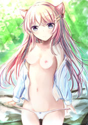 Rule 34 | 1girl, animal ears, bare shoulders, blush, bow, bow panties, breasts, brown hair, cameltoe, closed mouth, collarbone, commentary request, cowboy shot, grey eyes, groin, hair ornament, hairclip, heart, heart hair ornament, highres, lifted by self, long hair, looking at viewer, medium breasts, navel, nipples, off shoulder, open clothes, open shirt, original, panties, panty lift, shihou haru, shirt, smile, solo, underwear, very long hair, white panties, white shirt