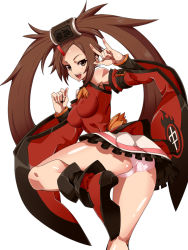 Rule 34 | 1girl, \m/, ankle boots, arc system works, ass, bad id, bad pixiv id, bare shoulders, boots, breasts, brown eyes, brown hair, chinese clothes, covered erect nipples, detached sleeves, fang, guilty gear, guilty gear xrd, guilty gear xrd: revelator, hair ornament, hair rings, hairclip, high heel boots, high heels, kuradoberi jam, long hair, looking at viewer, looking back, miniskirt, open mouth, panties, pantyshot, pink panties, shiny skin, shirorenge (huruhuru), skirt, smile, solo, underwear, very long hair