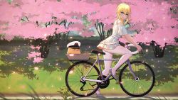 Rule 34 | 1girl, alternate costume, aqua eyes, ass, azur lane, bare shoulders, basket, bicycle, bicycle basket, blonde hair, blue dress, blue sky, blurry, blush, braid, casual, cherry blossoms, closed eyes, commander (azur lane), contemporary, day, depth of field, dress, flower, french braid, from side, full body, grass, hair between eyes, hat, highres, leg support, looking at viewer, open mouth, outdoors, pants, pantyhose, peaked cap, petals, renown (azur lane), riding, road, road bicycle, scenery, shiny clothes, short dress, short sleeves, sky, tree, twisted neck, white pants, white pantyhose, wind, wind lift, you ni ge shaobing