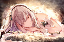 Rule 34 | 1girl, absurdres, anastasia (fate), arms up, bare shoulders, blush, brown hairband, closed eyes, closed mouth, commentary request, eien no juu nana-sai, facing viewer, fate/grand order, fate (series), hair between eyes, hairband, highres, long hair, lying, on side, revision, silver hair, smile, solo