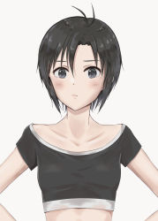Rule 34 | 1girl, antenna hair, black eyes, black hair, blush, breasts, closed mouth, collarbone, crop top, hair between eyes, hands on own hips, highres, idolmaster, idolmaster (classic), kikuchi makoto, looking at viewer, mogskg, off-shoulder shirt, off shoulder, shirt, short hair, short sleeves, simple background, small breasts, solo, upper body, white background