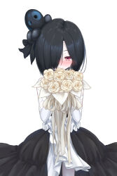 Rule 34 | 1girl, absurdres, black dress, black hair, black surge night, blush, bouquet, colored skin, commentary request, crying, crying with eyes open, dress, flower, frilled dress, frills, hair over one eye, highres, holding, holding bouquet, luetzow (black surge night), medium hair, octopus hair ornament, official alternate costume, pale skin, red eyes, rose, soanote, tears, white background, white flower, white rose, white skin