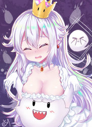 Rule 34 | 1girl, :&lt;, blush, boo (mario), breast rest, breasts, brooch, cleavage, closed eyes, closed mouth, collarbone, crown, detached collar, dress, earrings, facing viewer, fangs, fangs out, flying sweatdrops, frilled dress, frilled sleeves, frills, ghost, gloves, hair between eyes, hands up, jewelry, large breasts, lips, long hair, looking at viewer, luigi&#039;s mansion, mario (series), mini crown, new super mario bros. u deluxe, nintendo, nose blush, parted lips, pointy ears, princess king boo, puffy short sleeves, puffy sleeves, satori (ymoy), sharp teeth, short sleeves, silver hair, super crown, teeth, tilted headwear, upper body, very long hair, white dress, white gloves
