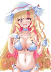 Rule 34 | 1girl, absurdres, aglio olio e peperoncino, bikini, breasts, choker, colored inner hair, commentary request, gloves, gradient eyes, half gloves, hat, highres, jack qiu, large breasts, long hair, looking at viewer, multicolored eyes, multicolored hair, rainbow eyes, red hair, side-tie bikini bottom, simple background, smile, solo, sony music virtual, streaked hair, sun hat, swimsuit, virtual youtuber, white background, white bikini, white choker, white gloves, white hat, yellow eyes