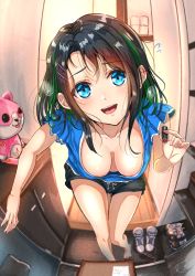 Rule 34 | 10s, 1girl, bang dream!, black hair, blue eyes, blush, breasts, cleavage, delivery, downblouse, earrings, extended downblouse, flying sweatdrops, green hair, hair ornament, hairclip, highres, indoors, jewelry, large breasts, leaning forward, looking at viewer, messy hair, michelle (bang dream!), multicolored hair, navel, no bra, noir2more, okusawa misaki, open mouth, shoes, short hair, smile, solo, standing
