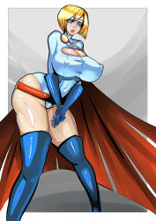 Rule 34 | 1girl, absurdres, belt, blonde hair, blue eyes, blue gloves, breasts, cape, cleavage, cleavage cutout, clothing cutout, covered erect nipples, curvy, dc comics, female focus, gloves, highleg, highres, huge breasts, kryptonian, leaning forward, leotard, lips, lipstick, makeup, power girl, red lips, shiny skin, short hair, solo, standing, thighhighs, zxc