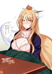 Rule 34 | 1girl, animal ears, blonde hair, blush, breasts, cleavage, commentary request, flying sweatdrops, food, fox ears, fox tail, fruit, konshin, kotatsu, large breasts, long hair, mandarin orange, orange eyes, original, ribbed sweater, simple background, solo, sweater, table, tail, translation request, white background