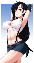 Rule 34 | 1girl, absurdres, ahoge, armpits, arms behind head, arms up, bare shoulders, belt, black belt, black gloves, black hair, black skirt, blue background, blush, border, breasts, brown eyes, cleavage, commentary request, covered erect nipples, cowboy shot, crop top, elbow gloves, final fantasy, final fantasy vii, fingerless gloves, gloves, gradient background, hair between eyes, highres, large breasts, long hair, looking at viewer, low-tied long hair, midriff, miniskirt, navel, nori tamago, outside border, pencil skirt, sidelocks, skirt, smile, solo, standing, stomach, suspender skirt, suspenders, tank top, thighs, tifa lockhart, very long hair, walking, white background, white border, white tank top