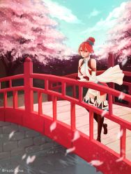 Rule 34 | absurdres, against railing, boots, bridge, cosplay, fire emblem, fire emblem fates, fire emblem heroes, hair between eyes, highres, hinoka (fire emblem), hinoka (fire emblem) (cosplay), kana (female) (fire emblem), kana (fire emblem), against railing, nintendo, railing, red thighhighs, rspbluna, smile, solo, thigh boots, thighhighs