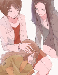 Rule 34 | 3girls, collarbone, hand on another&#039;s head, lap pillow, long hair, long sleeves, looking at another, multiple girls, hugging object, open clothes, open mouth, original, pillow, pillow hug, short hair, sitting, skirt, sleeping, sleeping on person, sou (tuhut), sweat, white background, yuri