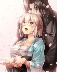 Rule 34 | 10s, 1boy, 1girl, black hair, blonde hair, blush, breasts, cherry blossoms, cleavage, collarbone, couple, crossover, drifters, eyebrows, fate/grand order, fate (series), hatori mia, hetero, highres, hijikata toshizou (drifters), hug, hug from behind, koha-ace, large breasts, long hair, okita souji (fate), okita souji (koha-ace), open mouth, shinsengumi, short hair, simple background, smile, teeth, tongue, underboob