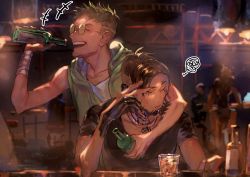 Rule 34 | 2boys, ^ ^, absurdres, annoyed, apex legends, bad id, bad pixiv id, bandaged arm, bandages, black eyes, black hair, bottle, closed eyes, crypto (apex legends), cup, green hair, hand on own face, highres, holding, holding bottle, jewelry, kawaniwa, looking to the side, male focus, multiple boys, necklace, octane (apex legends), open mouth, round eyewear, smile, sunglasses, undercut