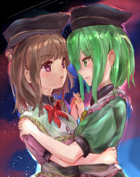 Rule 34 | 2girls, absurdres, aura, bow, bowtie, brown hair, cloud, commentary request, dress, eye contact, green dress, green eyes, green hair, hand on another&#039;s back, hand on another&#039;s shoulder, hat, highres, holding hands, ikazuchi akira, interlocked fingers, looking at another, multiple girls, nishida satono, outdoors, parted lips, puffy short sleeves, puffy sleeves, purple dress, purple eyes, red neckwear, short hair, short sleeves, sidelocks, sketch, sky, standing, star (sky), starry sky, tate eboshi, teireida mai, touhou, twilight, upper body, yuri
