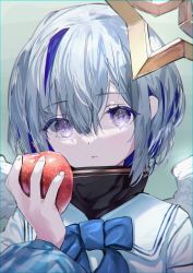 Rule 34 | 1girl, absurdres, amane kanata, apple, blue bow, blue bowtie, blue hair, bow, bowtie, closed mouth, food, fruit, grey hair, hair between eyes, halo, hand up, highres, holding, holding food, holding fruit, hololive, long sleeves, looking at viewer, multicolored hair, roitz ( roitz ), short hair, simple background, solo, star halo, turtleneck, two-tone hair, virtual youtuber