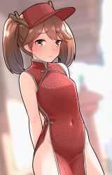 Rule 34 | 1girl, arms behind back, blush, breasts, brown eyes, brown hair, china dress, chinese clothes, closed mouth, covered navel, cowboy shot, dress, furaggu (frag 0416), groin, hat, highres, kantai collection, long hair, looking at viewer, red dress, red hat, ryuujou (kancolle), sleeveless, sleeveless dress, small breasts, smile, solo, twintails