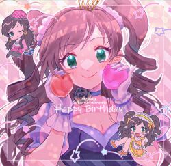 Rule 34 | 1girl, ;), ;d, alternate costume, blue dress, blue gloves, blush, breasts, brown hair, character name, chibi, chibi inset, cleavage, collarbone, crown, dated, dress, drill hair, enmaided, gloves, happy birthday, heart, highres, idol, idolmaster, idolmaster cinderella girls, long hair, looking at viewer, maid, medium breasts, minato chimu, mini crown, multiple persona, nonomura sora, one eye closed, open mouth, puffy short sleeves, puffy sleeves, short sleeves, smile, star (symbol), twintails, twitter username, upper body, very long hair