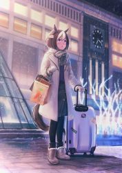 Rule 34 | 1girl, alternate costume, animal ears, bag, black skirt, black thighhighs, blush, boots, brown coat, brown hair, building, coat, fur boots, highres, holding, holding bag, horse ears, horse girl, horse tail, leg warmers, long sleeves, mittens, multicolored hair, night, outdoors, ponpochi, purple eyes, scarf, shopping bag, short hair, skirt, snow, snowing, solo, special week (umamusume), standing, suitcase, tail, thighhighs, tree, two-tone hair, ugg boots, umamusume