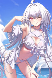 Rule 34 | 1girl, ;q, absurdres, ahoge, bikini, blue sky, blush, breasts, cleavage, cloud, commentary, day, fate/grand order, fate (series), frilled bikini, frills, hair intakes, highres, lady avalon (fate), lady avalon (second ascension) (fate), large breasts, long hair, looking at viewer, lucky ckm, merlin (fate/prototype), navel, one eye closed, outdoors, pink eyes, sky, smile, solo, stomach, swimsuit, tongue, tongue out, v, very long hair, water, white bikini, white hair