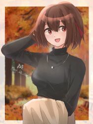 Rule 34 | 1girl, :d, artist name, black sweater, brown hair, brown jacket, casual, hair between eyes, hair ribbon, hand in own hair, highres, holding, holding clothes, holding jacket, ise (kancolle), jacket, kantai collection, long sleeves, looking to the side, one-hour drawing challenge, open mouth, ponytail, red eyes, red ribbon, ribbon, short hair, smile, solo, sweater, turtleneck, turtleneck sweater, twitter username, upper body, wiwo