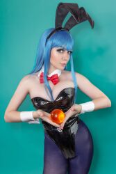 Rule 34 | animal costume, blue hair, breasts, bulma, bulma (cosplay), cosplay, dragon ball, dragon ball (classic), female pervert, highres, large breasts, long hair, pervert, rabbit, rabbit costume, rabbit ears, real life, sexually suggestive, swimsuit