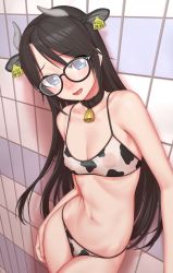 Rule 34 | 1girl, :d, animal ears, animal print, bare shoulders, bell, bikini, black-framed eyewear, black hair, blue eyes, blush, breasts, cleavage, collar, commentary request, cow ears, cow print, fake animal ears, female pubic hair, gishu, glasses, highres, horns, idolmaster, idolmaster shiny colors, long hair, looking at viewer, medium breasts, mitsumine yuika, navel, neck bell, nipples, open mouth, pubic hair, see-through, smile, solo, swimsuit