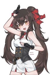 Rule 34 | 1girl, :d, absurdres, black gloves, bow, brown eyes, brown hair, commentary request, corset, dress, fingerless gloves, girls&#039; frontline, gloves, hair between eyes, hair bow, hair ornament, highres, jingo, long hair, looking at viewer, necktie, open clothes, open mouth, pixiv id, red bow, red necktie, short necktie, simple background, skirt, smile, solo, standing, twintails, type 97 (girls&#039; frontline), upper body, white background, white dress