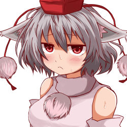 Rule 34 | 1girl, :&lt;, animal ears, bare shoulders, blush, breasts, closed mouth, detached sleeves, grey hair, hair between eyes, hat, inubashiri momiji, jitome, looking at viewer, medium breasts, pom pom (clothes), red eyes, shirt, short hair, sleeveless, sleeveless shirt, solo, sweat, tokin hat, touhou, upper body, white shirt, wolf ears, yasui nori