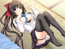Rule 34 | 1girl, black hair, black pantyhose, blush, bra, bra lift, breasts, brown eyes, clothes pull, feet, framed breasts, frilled panties, frilled skirt, frills, gathers, hair ribbon, large breasts, legs up, lingerie, long hair, looking up, lying, morinaga yukari, necktie, nekonyan, nipples, on back, open clothes, open shirt, outstretched arms, panties, panty pull, pantyhose, pantyhose pull, pleated skirt, ribbon, sakaagari hurricane, shirt, skirt, solo, spread arms, underwear, very long hair, white shirt