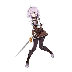 Rule 34 | 1girl, ahoge, breasts, brown pants, cleavage, closed mouth, full body, hair between eyes, hair intakes, highres, holding, holding sword, holding weapon, long sleeves, looking at viewer, medium breasts, official art, pants, pointy ears, purple hair, red eyes, short hair with long locks, sidelocks, smile, solo, strea (sao), sword, sword art online, transparent background, weapon