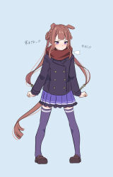 Rule 34 | 1girl, animal ears, blue skirt, blue thighhighs, blush, brown hair, clenched hands, frilled skirt, frills, full body, grey background, hair rings, highres, horse ears, horse girl, horse tail, jacket, katuko deluxe, light blush, long hair, long sleeves, pigeon-toed, pleated skirt, purple eyes, red scarf, scarf, simple background, skirt, solo, standing, sweep tosho (umamusume), tail, thighhighs, translated, umamusume, zettai ryouiki