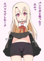 Rule 34 | 1girl, :p, absurdres, bike shorts, black shorts, black skirt, blonde hair, blush, bow, brown jacket, closed mouth, clothes lift, collarbone, commentary request, cowboy shot, fate/kaleid liner prisma illya, fate (series), groin, hair between eyes, head tilt, heart, heart-shaped pupils, highres, homurahara academy school uniform, illyasviel von einzbern, jacket, lifting own clothes, long hair, long sleeves, mitchi, navel, pink background, pleated skirt, red bow, red eyes, school uniform, short shorts, shorts, simple background, skirt, skirt lift, smile, solo, symbol-shaped pupils, tongue, tongue out, translation request, very long hair