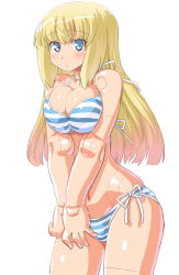 Rule 34 | 10s, 1girl, arnval, bad id, bad pixiv id, bare shoulders, bikini, blonde hair, blue eyes, breasts, busou shinki, dd (ijigendd), doll joints, gradient background, joints, large breasts, long hair, pink hair, side-tie bikini bottom, simple background, solo, striped bikini, striped clothes, swimsuit, white background