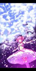 Rule 34 | 10s, 1girl, blue sky, broken glass, choker, closed eyes, cloud, day, frills, gathers, glass, gloves, glowing, highres, kaname madoka, letterboxed, light particles, light rays, magical girl, mahou shoujo madoka magica, mahou shoujo madoka magica (anime), outstretched arms, pink hair, puffy sleeves, ryosios, short hair, sky, smile, solo, spread arms, sunbeam, sunlight, twintails, white gloves