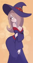 Rule 34 | 1girl, artist name, ass, bad id, bad pixiv id, bags under eyes, bare shoulders, breasts, brown hair, cleavage, hair over one eye, half-closed eyes, hat, highres, little witch academia, long hair, looking away, looking down, medium breasts, merunyaa, pixiv username, red eyes, robe, shy, solo, standing, sucy manbavaran, witch, witch hat