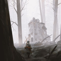 Rule 34 | 1girl, arms at sides, arrow (projectile), bare tree, black hair, bow (weapon), coat, commentary, english commentary, fog, grey coat, highres, hood, hood down, hooded coat, house, long sleeves, original, outdoors, photo-referenced, ruins, short hair, solo, standing, sunlight, tree, weapon, window, yun ling